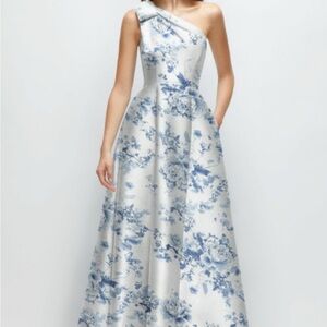 Elegant Blue Floral One-Shoulder Dress